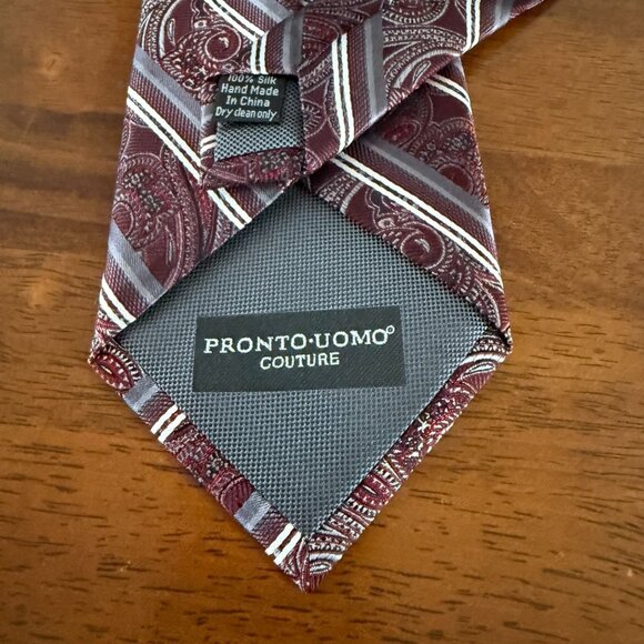 Pronto Uomo Couture 100% Silk Burgundy Paisley Striped Mens Neck Tie - Picture 6 of 10